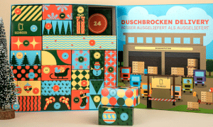 Duschbrocken Adventskalender mit veganen, festen Duschgelen und Shampoos im Mini-Format